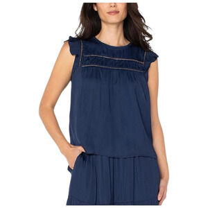 Liverpool Women's Flutter Sleeve Woven Top with Trim Detail Navy - Regular